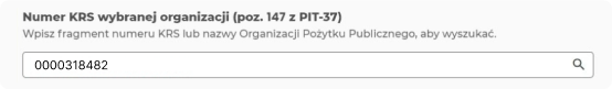 Pole do wpisania numeru KRS wybranej organizacji (poz. 147 z PIT-37) z przykładowym numerem 0000318482 i ikoną lupy do wyszukiwania.